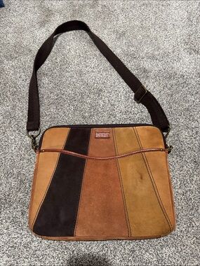 Suede Patchwork Messenger or Lap top Bag in Brown/Tan